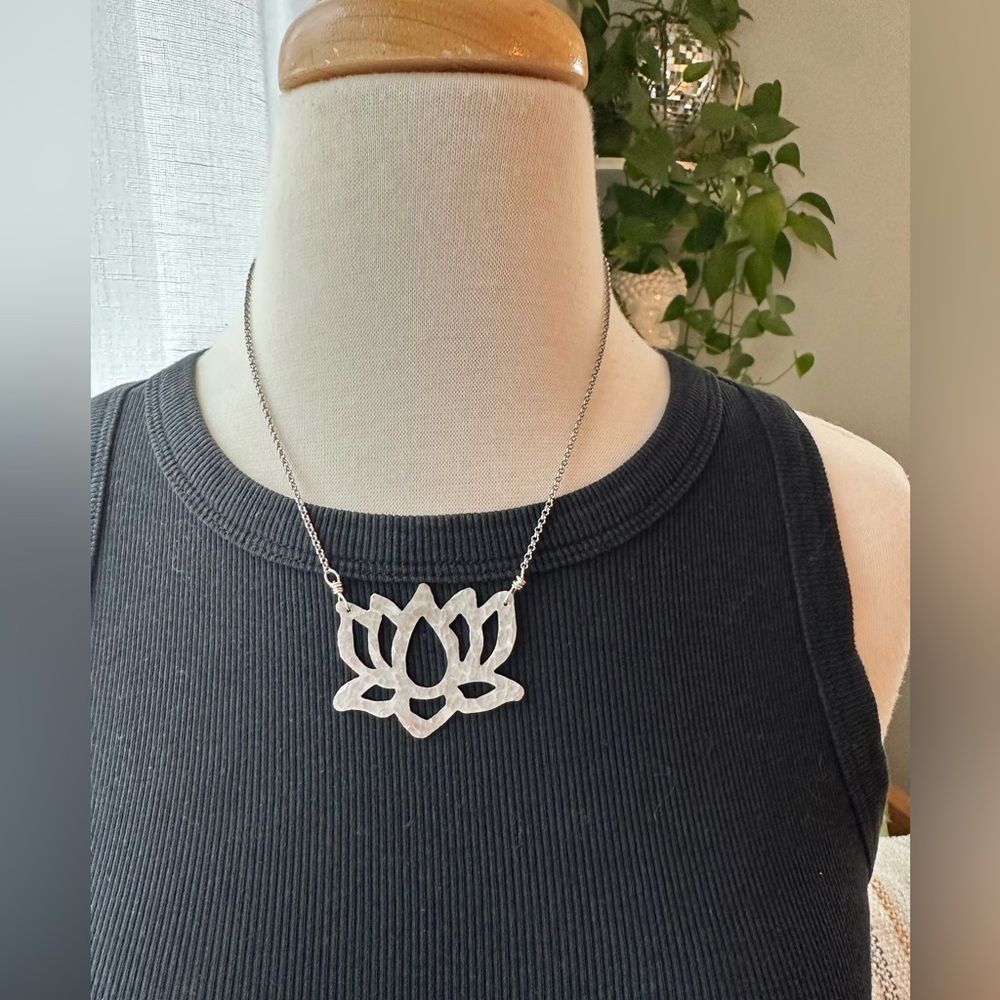 Handmade Silver Lotus Necklace • Hammered Metal Necklace